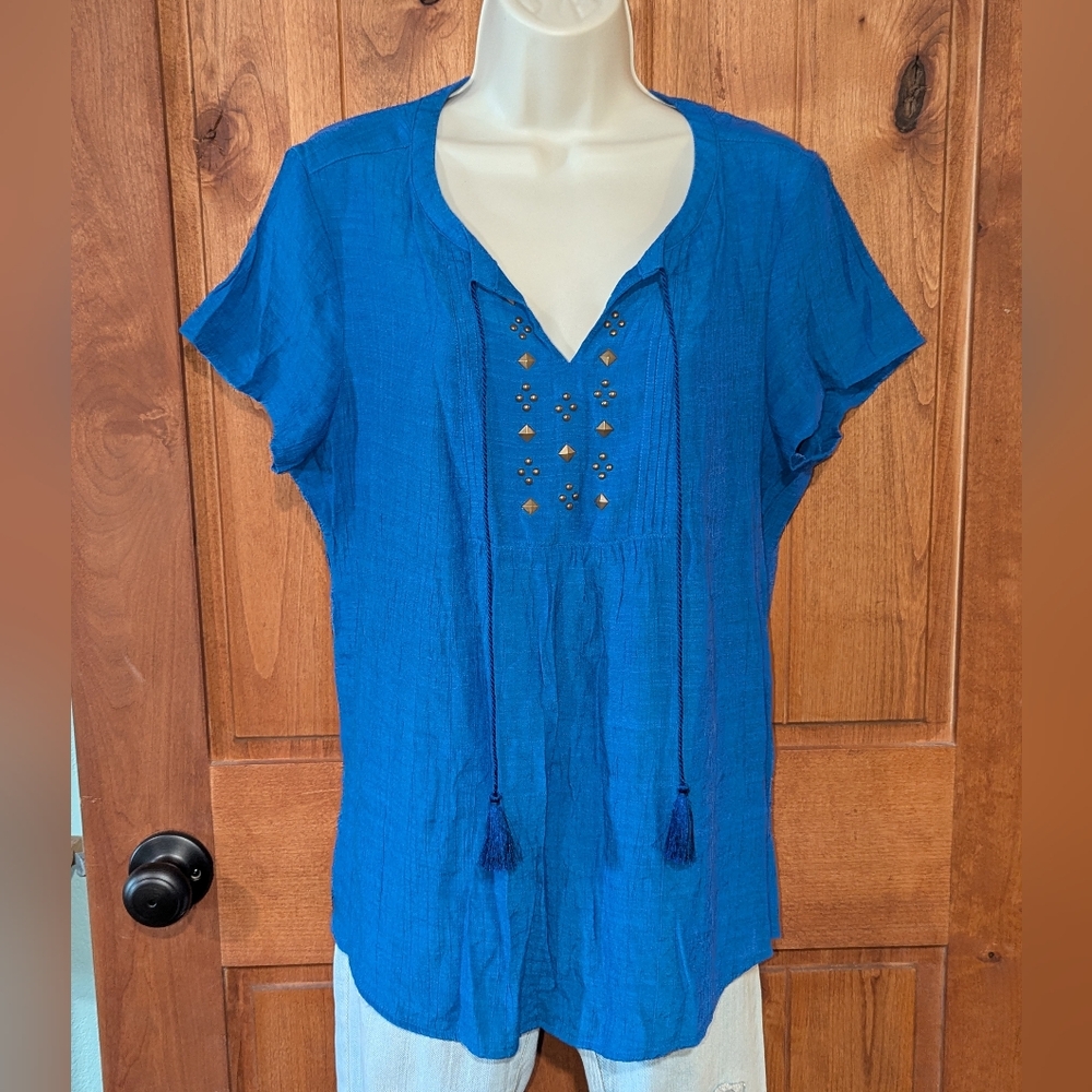 Fred David Blue‎ Blouse with Tassel Accents